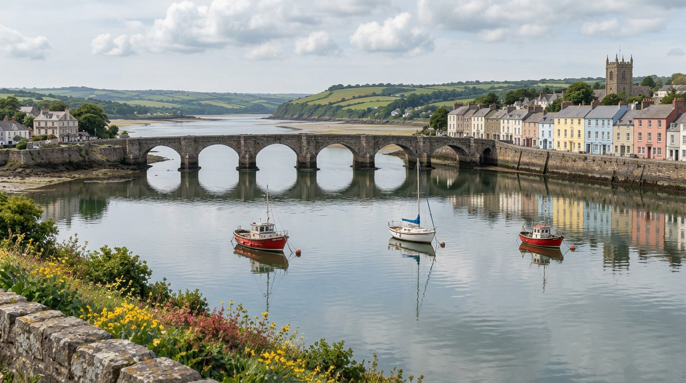 AI-generated contextual image of tidal estuary banks, a stone bridge and waterfront buildings; flood-defence story context