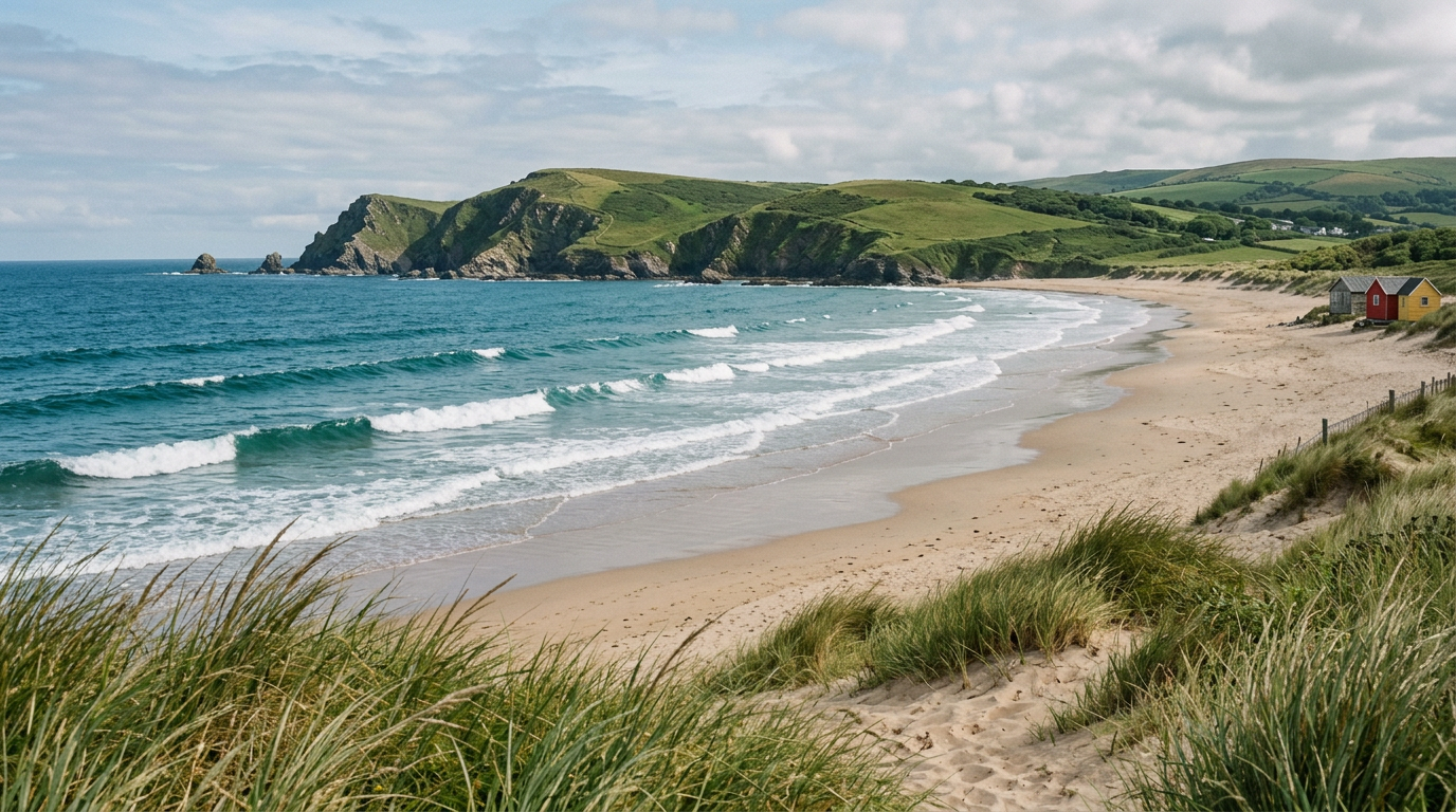 AI-generated contextual image of dune grass, a surf beach and a green coastal headland; coastal weather story context