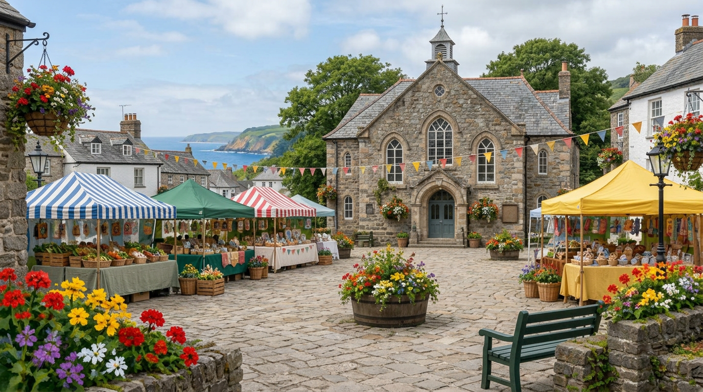 AI-generated contextual image of market stalls and bunting in a coastal village square; community events story context